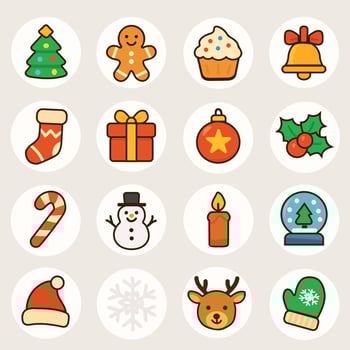 Cute Christmas icons set with tree, gingerbread man, cupcake, holiday bell, stocking, gift box, red ornament, holly leaves, candy cane and snowman, perfect for festive design vector