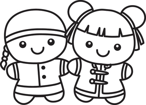 Outline of couple chinese traditional outfit. Coloring pages of Chinese year items for calendar. vector