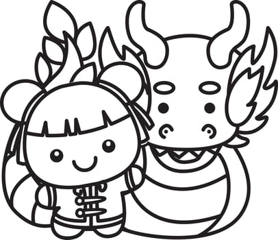 Outline of chinese girl with dragon. Coloring pages of Chinese year items for calendar. vector