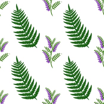 Seamless pattern featuring stylized fern leaves and tufted vetch flowers in vibrant green and purple hues, creating a botanical illustration ideal for textile design or wallpaper. vector