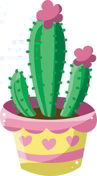 Cactus in the pink love and yellow pot. Colorful cactus in the pot. vector