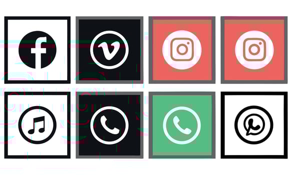 Assorted Social Media Logos Featuring Facebook, Vimeo, Instagram, Music, Phone, and WhatsApp Logos on Various Backgrounds vector