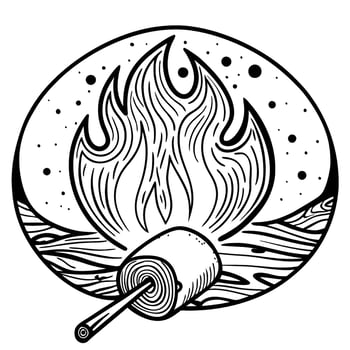 Roasting marshmallow over campfire, night outdoor adventure bonfire flames, cozy camping, wilderness snack scene vector