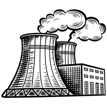 Nuclear power plant with cooling towers emitting steam industrial energy facility, atomic electricity generation vector