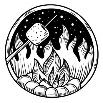 Roasting marshmallow over campfire at night bonfire flames, outdoor camping and stargazing, cozy adventure vector
