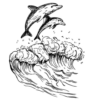 Hand drawing of dolphins. Sketch Art. illustration of a cute couple of dolphins. Dolphins jump out of the waves. Sea life vector