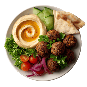 Delicious falafel platter with hummus pita bread cucumber tomatoes and red onion png