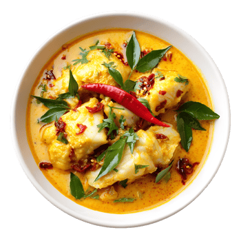 Delicious fish curry in a white bowl garnished with chili and herbs png