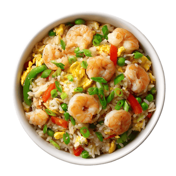 Delicious shrimp fried rice bowl with egg peas peppers and green onions a tasty meal png
