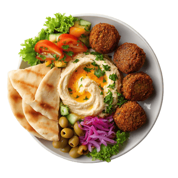 Delicious hummus bowl with falafel pita bread olives and fresh salad png