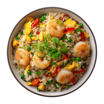 Delicious shrimp fried rice with egg vegetables and green onions in a bowl png