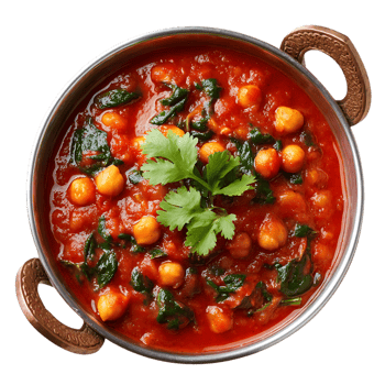 Spicy Chickpea and Spinach Stew in a Metal Bowl a Delicious Vegetarian Dish png