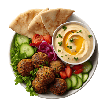 Falafel platter with hummus pita bread and fresh salad png
