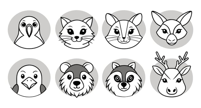 Cute animal faces in circles cartoon icon vector