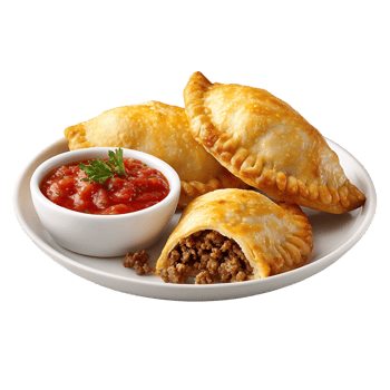 Delicious golden brown pastries filled with savory ground meat served with a side of vibrant red salsa png
