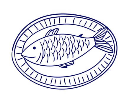 Hand-drawn fish illustration on a decorative plate shown in a simple blue outline style vector