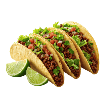 Three delicious tacos with seasoned ground beef lettuce tomatoes onions and cilantro served with lime wedges png