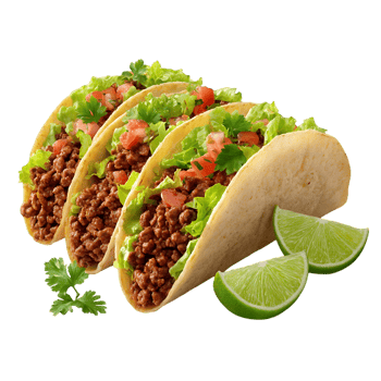 Three delicious ground beef tacos lettuce tomato cilantro lime wedges png