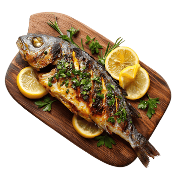 Grilled fish lemon slices herbs wooden board delicious meal png