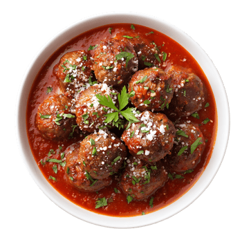 Meatballs in rich tomato sauce garnished with parsley and cheese png