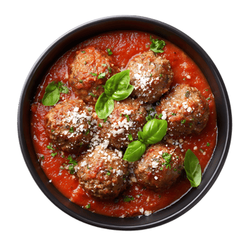 Meatballs in marinara sauce garnished with basil and cheese png