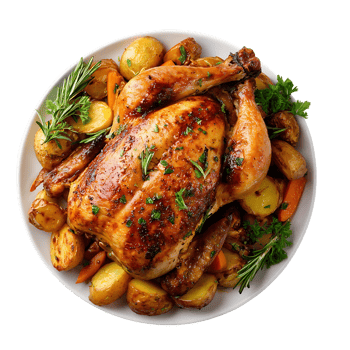 Roasted chicken dinner potatoes carrots rosemary parsley herbs png