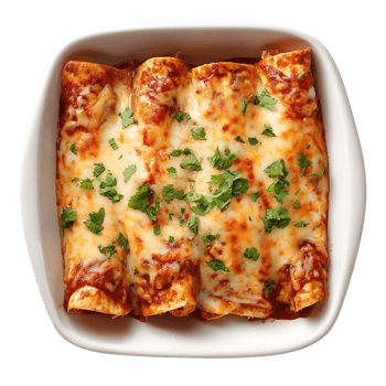 Baked enchiladas topped with cheese and cilantro in a white baking dish png