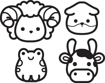 Outline of sheep, cow and frog group. Coloring pages of cute animals. vector