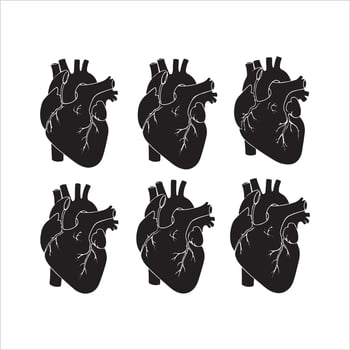 Six black human hearts displaying coronary artery blockages and blood flow vector