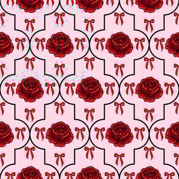 A seamless pattern featuring red roses and bows on a soft pink background. The design is intricate, with black outlines enhancing the floral and ribbon motifs. vector