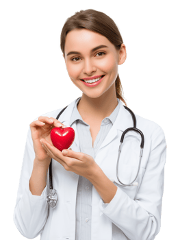 Happy Female Doctor Holding Toy Heart Isolated on Transparent Background png