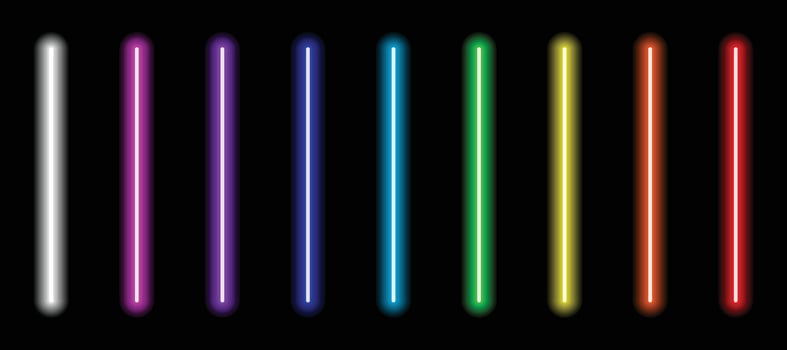 Luminous neon lines isolated, lights lines set with all colors, retro led neon lamp tube, glowing laser beams streaks on dark background vector