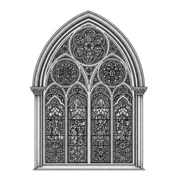 Gothic Arch Window Stained Glass Detailed Line Art Black and White Religious Figures isolated on a transparent background png