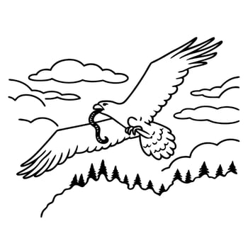 Soaring eagle with outstretched wings carrying snake above pine forest and mountains, dramatic sky with clouds, wildlife illustration vector