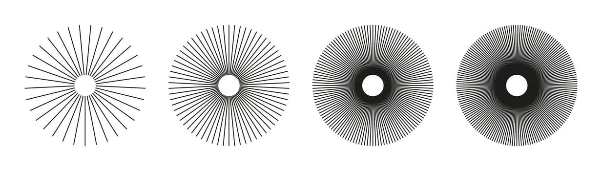 Radial circle lines. Symbol of Sun star rays. Circular lines elements. Set of flat design elements. Spokes with radiating stripes collection. Abstract geometric shapes patterns. vector