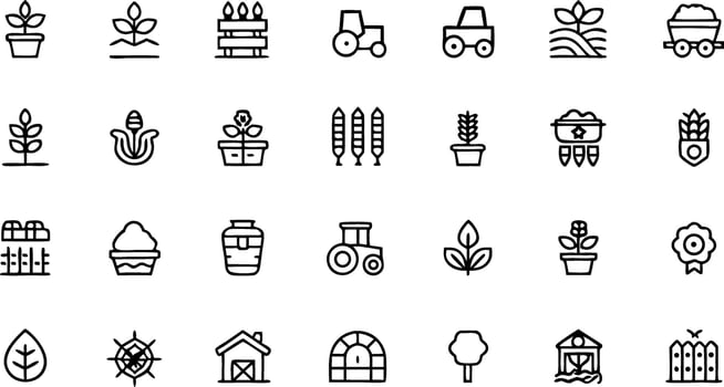 Farm and Agriculture Icon Set Displaying Farming Equipment Crops Plants and Structures in a Minimalist Line Art Style vector