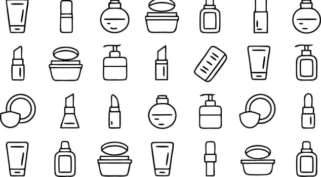 Elegant Cosmetic Collection Black and White Line Art Style Beauty and Personal Care Items Arranged in a Pattern vector