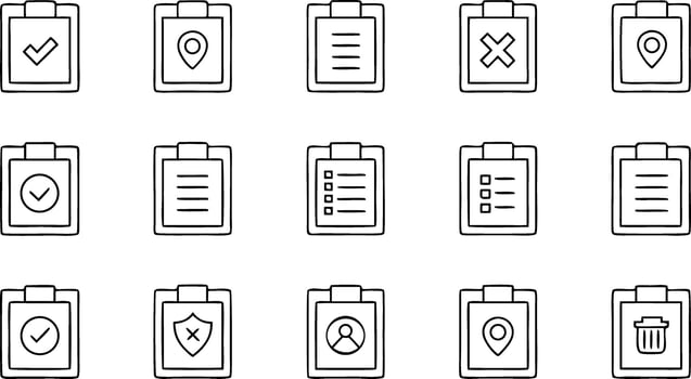 Hand Drawn Clipboard Icons Representing Tasks, Location, Data, Security, People, Deletion and Approval on White Background vector