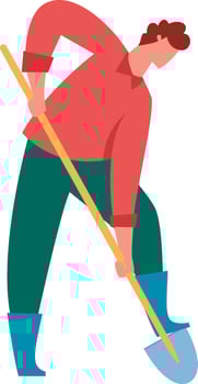 Young farmer wearing rubber boots and casual clothes is actively digging the soil with a shovel, diligently working in the field to cultivate crops for a fruitful harvest vector