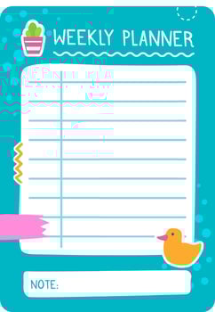 Weekly planner page with blank lines for writing and note section, decorated with cute cartoon duck, cactus and colorful washi tape, on turquoise background vector