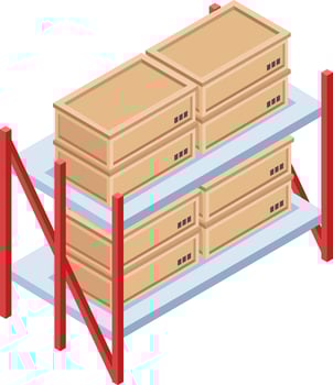 Metal shelves with cardboard boxes placed on two levels, symbolizing storage, logistics, and shipping in a warehouse environment, ensuring organized inventory management vector
