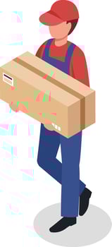 Delivery man wearing a uniform and cap, carrying a large package while walking, depicting home delivery, shipping, and logistics in an isometric view vector
