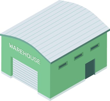 Isometric projection depicting a warehouse with a curved roof, rolling shutter door, and multiple windows, illustrating storage and logistics in an industrial setting vector