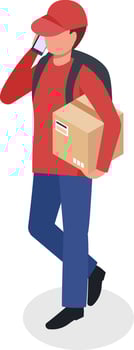 Delivery man wearing a red shirt and carrying a backpack holds a cardboard box while engaging in a phone call, showcasing the busy nature of logistics and courier services vector