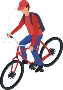 Delivery man wearing a red cap and shirt, riding a red bicycle while transporting takeout food in a backpack, captured in an isometric illustration style vector