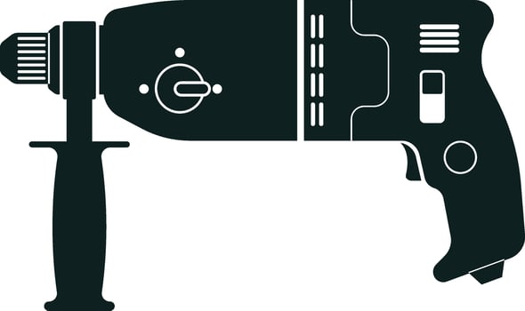 Black silhouette of a modern pistol grip rotary hammer drill with adjustable speed and reverse rotation for professional construction and repair work vector