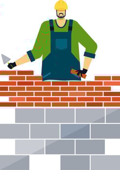Professional builder wearing uniform and hardhat constructing a red brick wall using a trowel and mortar, adding bricks one by one on a white background vector