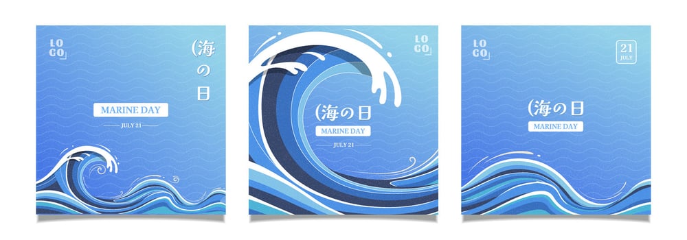 Set Greeting Creative Marine Day Designs with Waves and Japanese Text Elements vector