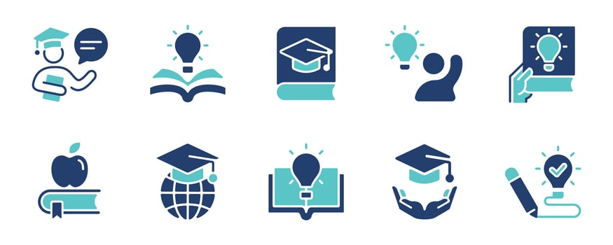 knowledge cognition creative thinking icon set education learning book light bulb innovation signs business intellect smart mind symbol illustration vector