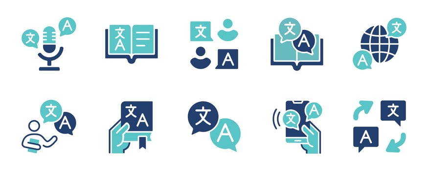 online global communication language translate icon set international dictionary bubble dialog translation service business signs illustration vector